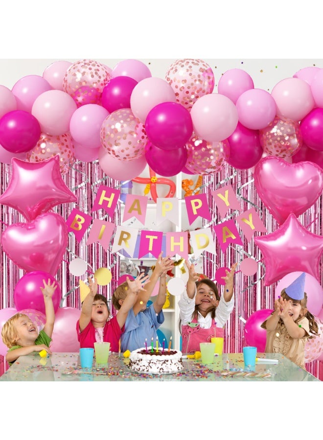 موردلي زينة عيد ميلاد وردية للبنات، طقم قوس إكليل بالونات وردي فاتح، لافتة عيد ميلاد سعيد وردية زاهية، ستارة من القصدير، قلب ونجمة، بالونات من القصدير لحفلات أعياد ميلاد الأميرات - Image 4